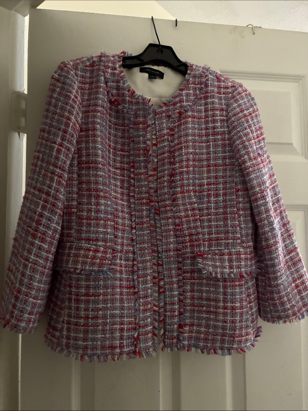 Ann Taylor Pink Multi Tweed Fringe Jacket